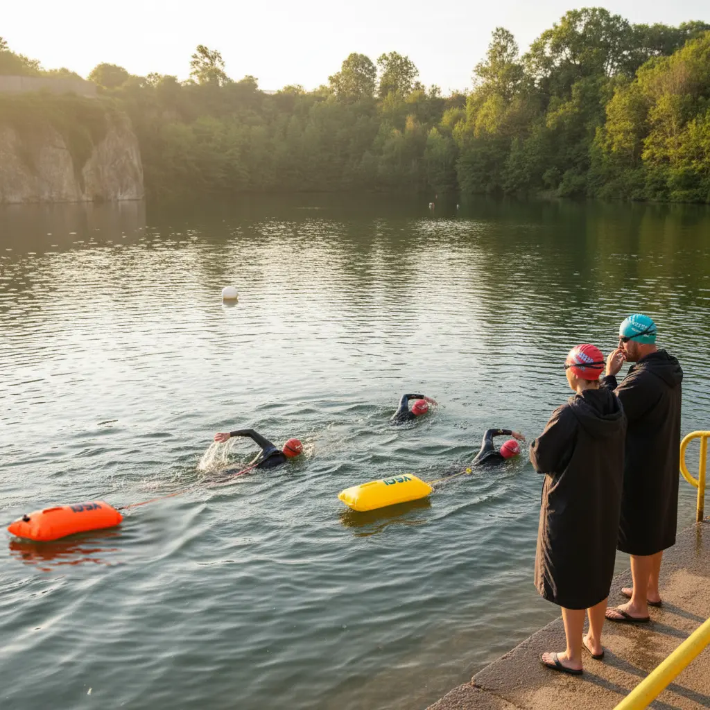 open water swimmers in Dosthill Quarry towing swim floats
