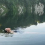 Female swimmer relaxing by floating on her back in a flooded quarry